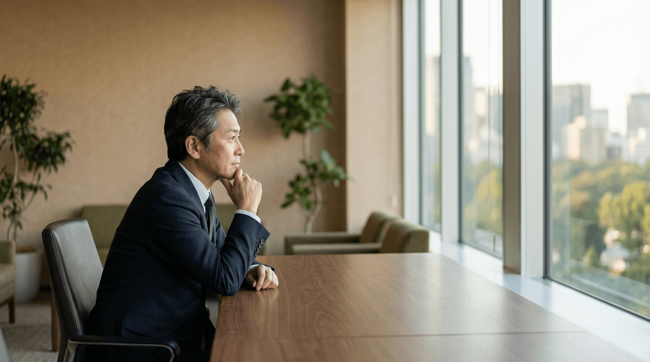 経営者が深く考え込んでいるオフィスの様子